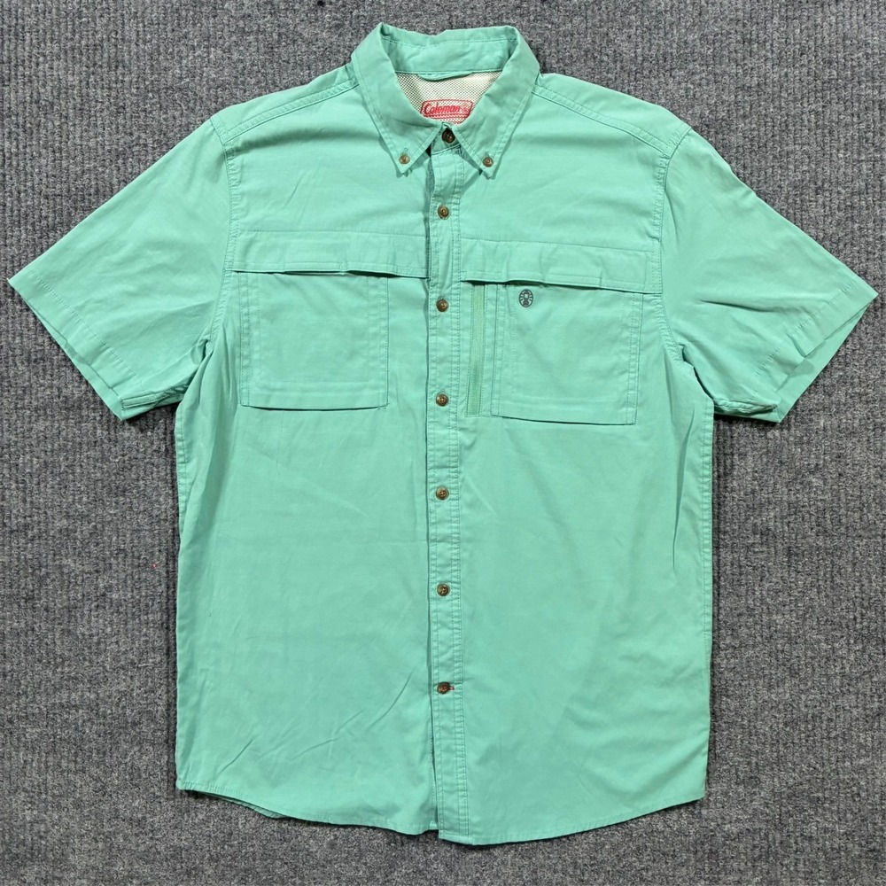 Coleman Mens Button‎ Down Shirt M Green Short Sleeve Fishing Outdoor Utility